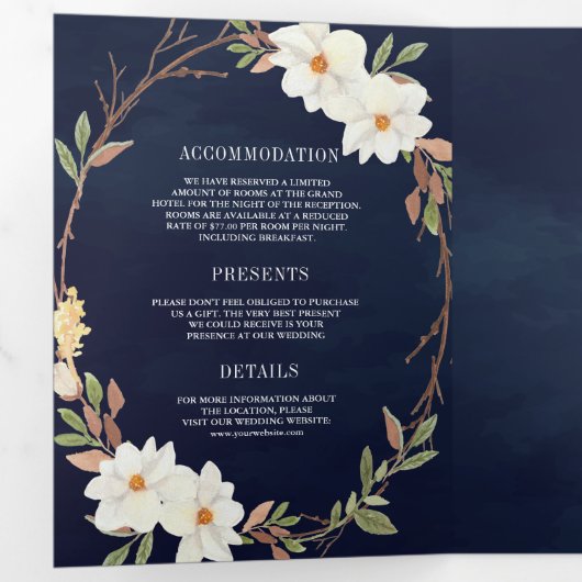 Rustikale White Magnolia Floral QR Code Marine Hoc Dreifach Gefaltete Einladung (Innen Erste Seite)