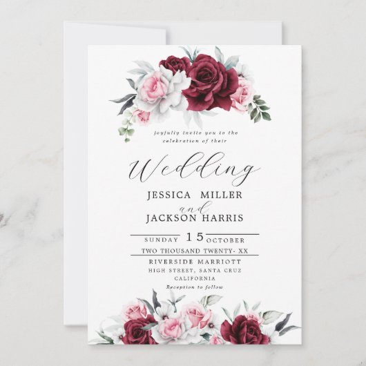 Rustikale White Maroon Rose Blumenhochzeit Einladung (Vorderseite)