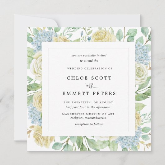 Rustikale White Rose Blue Hydrangea Square Wedding Einladung (Vorderseite)