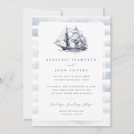 Rustikale White Watercolor Nautical Ship Wedding Einladung (Vorderseite)