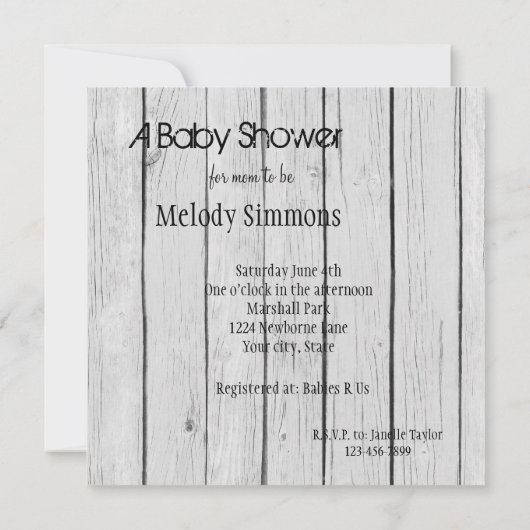Rustikale White Wood Baby Dusche Einladung (Rückseite)