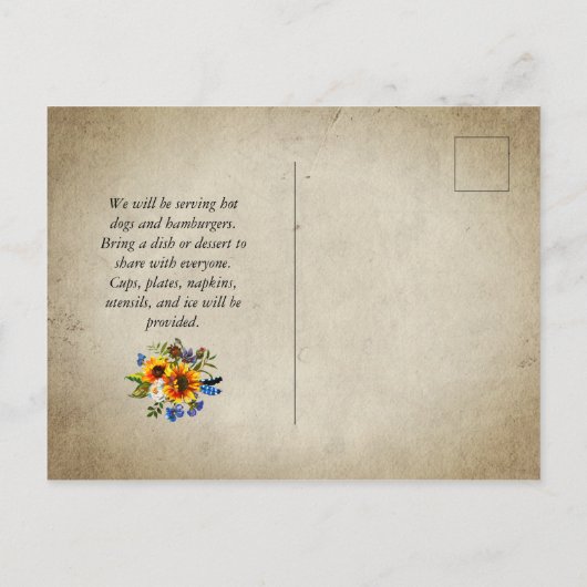 Rustikale Wiedersehen Sonnenblumenbaum Slice Einladungspostkarte (Rückseite)