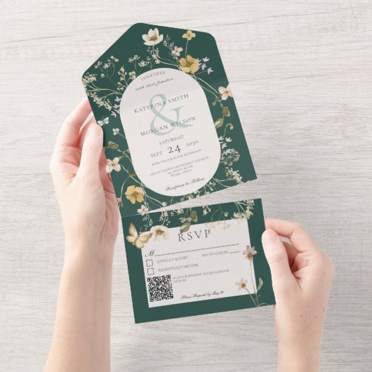 Rustikale Wildblume als Smaragdgrün-QR-Code All In One Einladung (Abreißen)