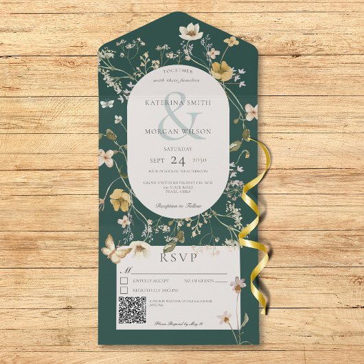 Rustikale Wildblume als Smaragdgrün-QR-Code All In One Einladung