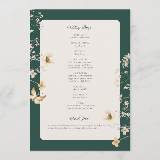 Rustikale Wildblume bildet Smaragdgrüne Hochzeit Programm (Rückseite)