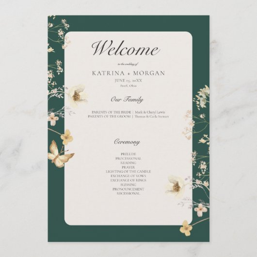 Rustikale Wildblume bildet Smaragdgrüne Hochzeit Programm (Vorderseite)