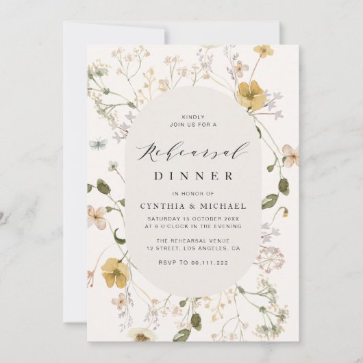 rustikale Wildblume Blumenrahmen Probe Abendessen Einladung (Vorderseite)