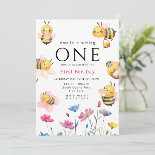 Rustikale Wildblume Boho Erster Bienentag Einladung (Stehend Vorderseite)