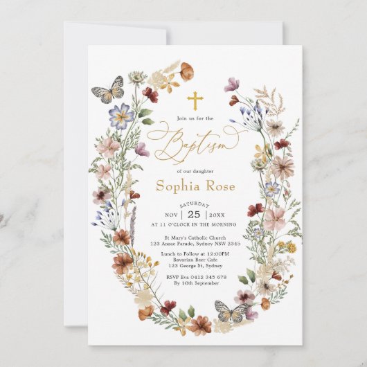 Rustikale Wildblume Butterfly Garden Taufe Einladung (Vorderseite)