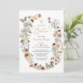 Rustikale Wildblume Butterfly Garden Taufe Einladung (Stehend Vorderseite)