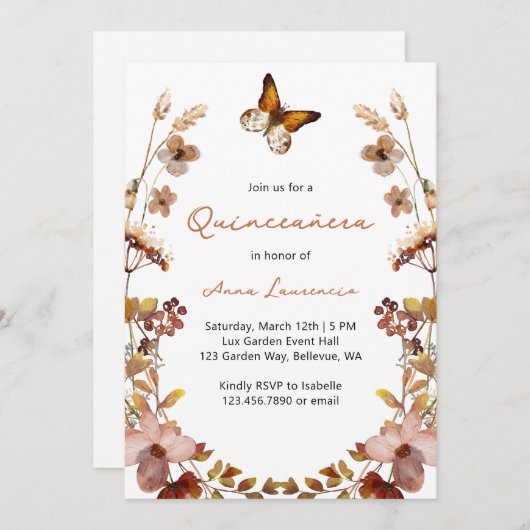 Rustikale Wildblume Butterfly Quinceanera Einladung (Vorne/Hinten)