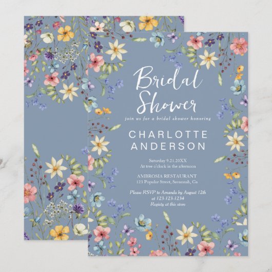 Rustikale Wildblume Dusty Blue Brautparty Einladung (Vorne/Hinten)