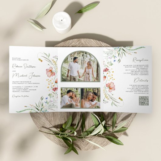 Rustikale Wildblume Foto Collage QR Code Hochzeit Dreifach Gefaltete Einladung