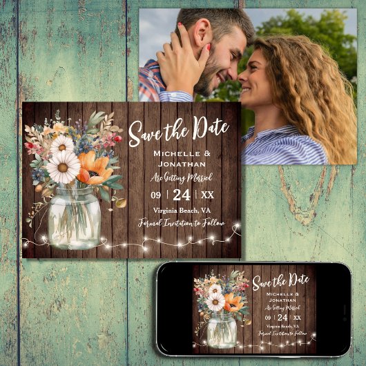 Rustikale Wildblume Foto-Hochzeit aus Holz Save The Date