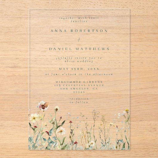 Rustikale Wildblume Hochzeit Acryleinladungen (Vorderseite)