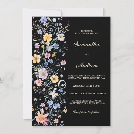 Rustikale Wildblume Hochzeitschwarz Einladung (Vorderseite)