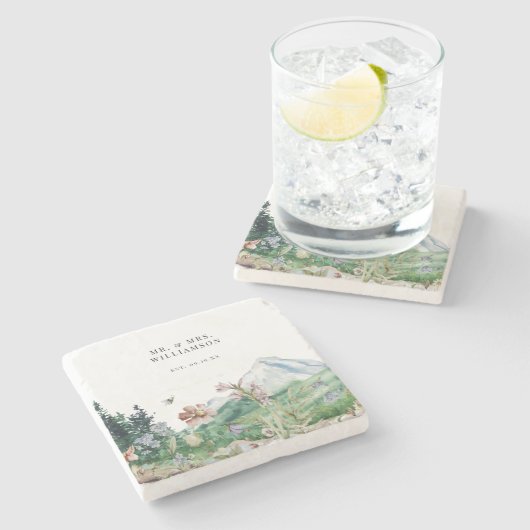 Rustikale Wildblume | Hochzeitsmonogramm Steinuntersetzer (Seitenansicht)