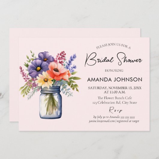 Rustikale Wildblume Mason Jar Brautparty Einladung (Vorne/Hinten)