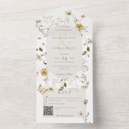 Rustikale Wildblume mit weißem QR-Code All In One Einladung (Innen Boden)
