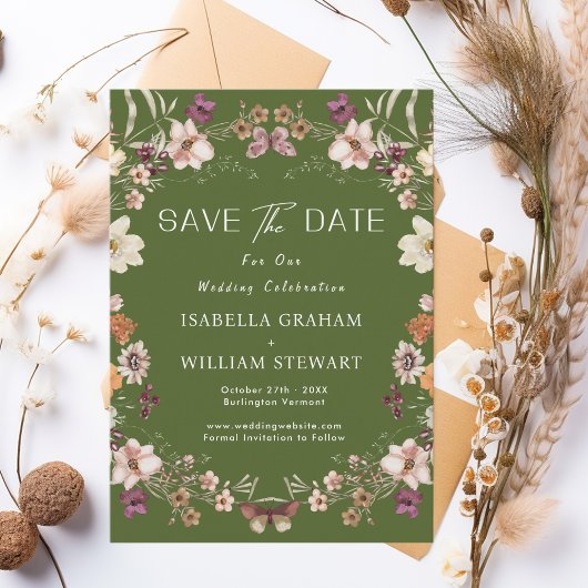 Rustikale Wildblume Moss Green Boho Save the Date Einladung