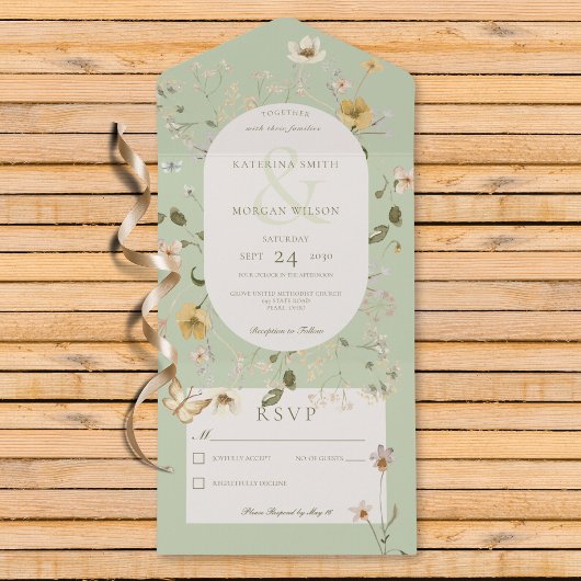Rustikale Wildblume Oval Frame Sage Green No Dinne All In One Einladung