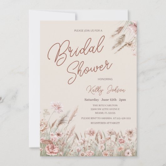 Rustikale Wildblume Pampas Grass Brautparty Einladung (Vorderseite)