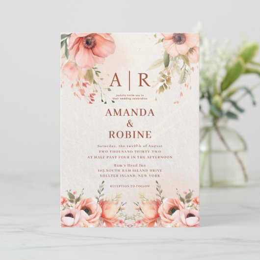 Rustikale Wildblume Peach Wedding Einladung (Stehend Vorderseite)