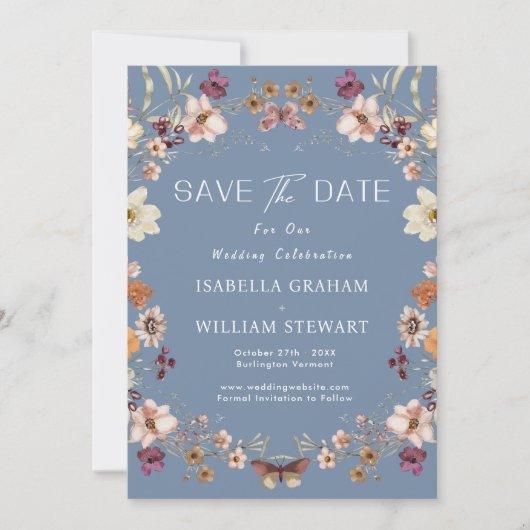 Rustikale Wildblume Periwinkle Boho Save the Date Einladung (Vorderseite)