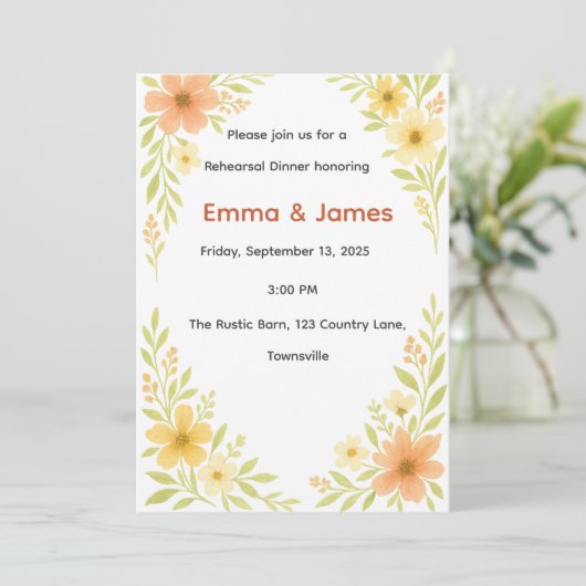 Rustikale Wildblume Probe Abendessen Einladung (Stehend Vorderseite)