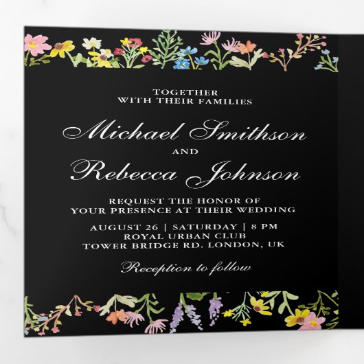 Rustikale Wildblume Schwarze Hochzeit Dreifach Gefaltete Einladung (Innen Erste Seite)