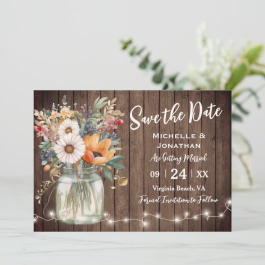 Rustikale Wildblume-Stallholz-Hochzeit Save The Date (Stehend Vorderseite)