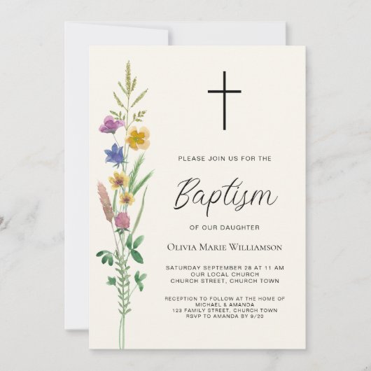 Rustikale Wildblume Taufe Einladung (Vorderseite)