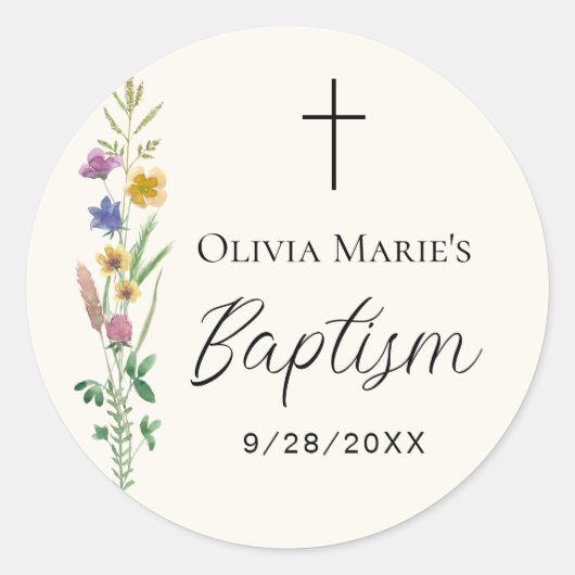 Rustikale Wildblume Taufe Runder Aufkleber (Vorderseite)