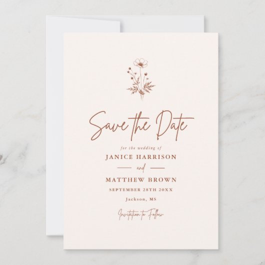 Rustikale Wildblume Terracotta Boho Wedding Save The Date (Vorderseite)