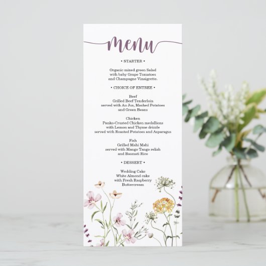 Rustikale Wildblume Wedding Brautparty Menü Menükarte (Stehend Vorderseite)