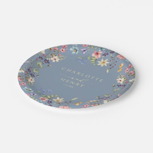 Rustikale Wildblumen Blauer Hochzeitstag Pappteller (Schrägansicht)