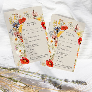 Rustikale Wildblumen-Blumenhochzeit und Menüoption RSVP Karte