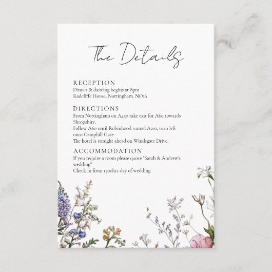 Rustikale Wildblumen Blumenzettel Begleitkarte (Vorderseite)