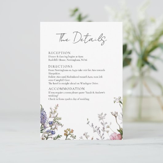 Rustikale Wildblumen Blumenzettel Begleitkarte (Stehend Vorderseite)