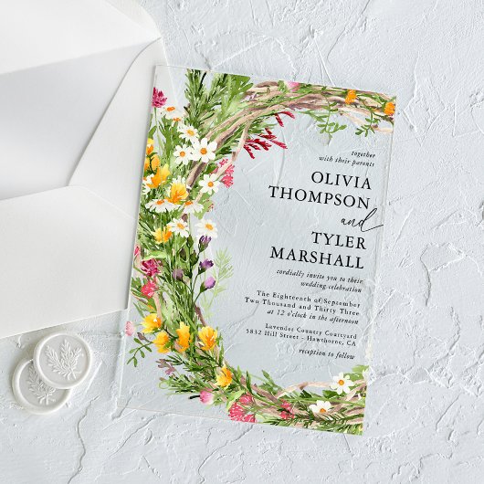 Rustikale Wildblumen Bohemisch Hochzeit Acryleinladungen