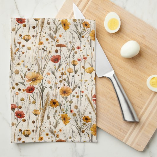 Rustikale Wildblumen - Boho Fall Floral Muster Geschirrtuch (Viertel Falte)