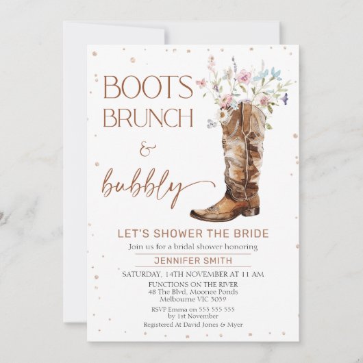 Rustikale Wildblumen Braun Stiefel Brautparty Einladung (Vorderseite)