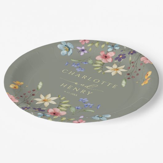 Rustikale Wildblumen Einfache Grüne Hochzeit Pappteller (Schrägansicht)