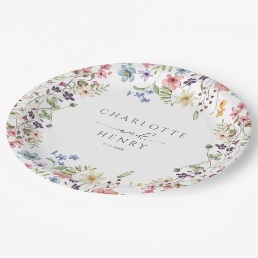 Rustikale Wildblumen Einfache Hochzeit Pappteller (Schrägansicht)