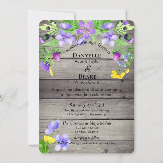 Rustikale Wildblumen Lila Blue Wedding Einladung (Vorderseite)