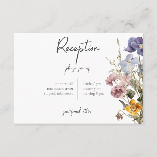 Rustikale Wildblumen Lila Empfang Begleitkarte (Vorderseite)
