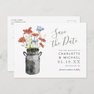 rustikale Wildblumen Milchbucket Save the Date Pos Postkarte