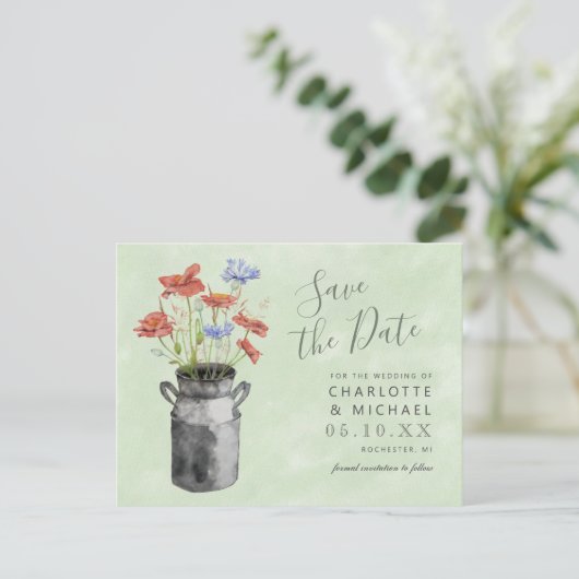 rustikale Wildblumen Milchbucket Save the Date Postkarte (Stehend Vorderseite)