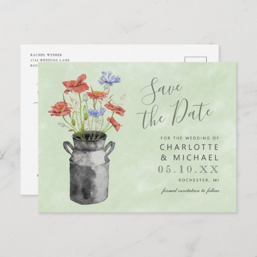 rustikale Wildblumen Milchbucket Save the Date Postkarte (Vorne/Hinten)