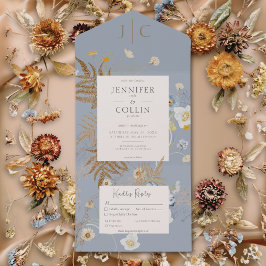 Rustikale Wildblumen Monogram Dusty Blue Dinner All In One Einladung